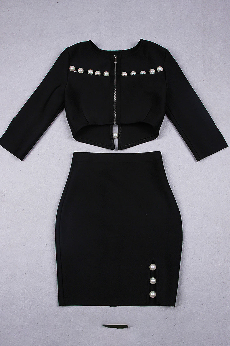Black Two-piece Set O-neck Beaded Hollow Short Top And High Waist Skirt