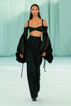 Black Two Piece Set Strappy Puff Sleeve Crop Top High Waist Wide Leg Pants