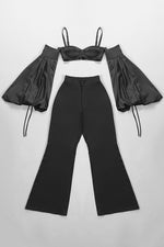 Black Two Piece Set Strappy Puff Sleeve Crop Top High Waist Wide Leg Pants
