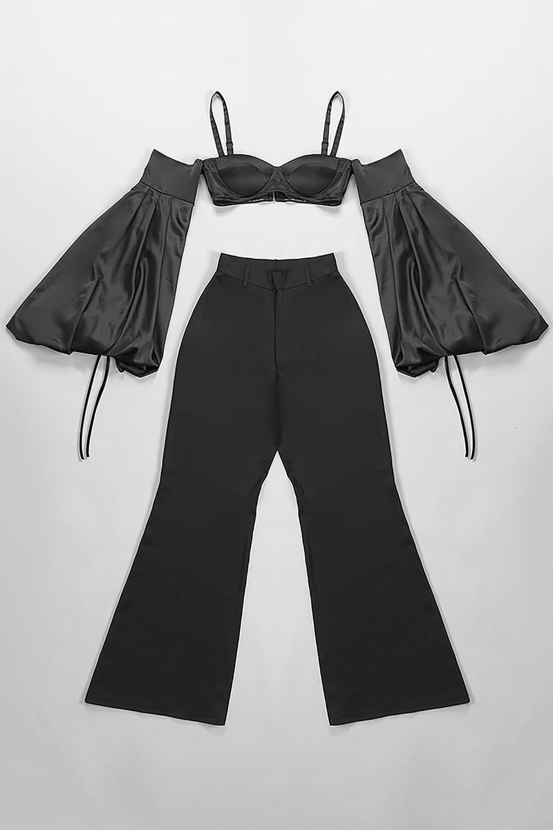 Black Two Piece Set Strappy Puff Sleeve Crop Top High Waist Wide Leg P –  Chicida