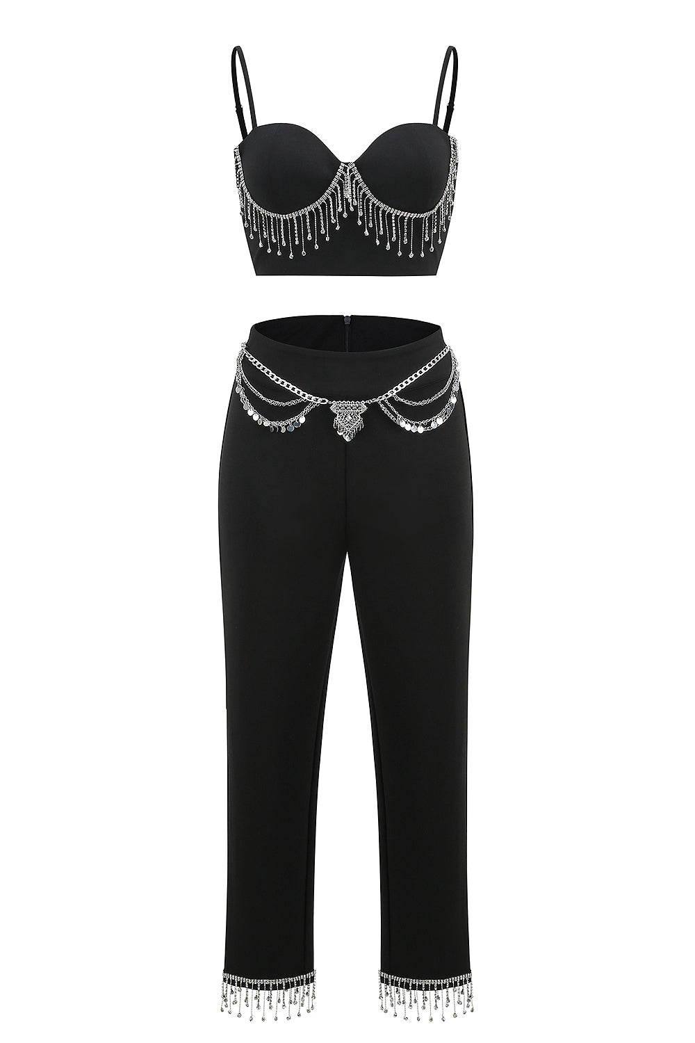 Black Two Pieces Set Strappy Crystal Short Top And Bodycon Pants