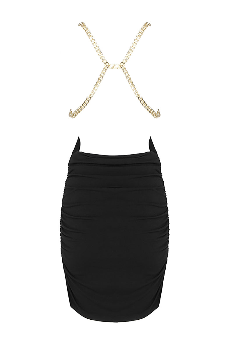 Black V-neck Chain Strappy Cross Mini Dress - Chicida