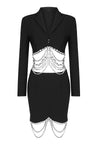 Black White V-neck Rhinestone Tassel Two-Piece Suit - Chicida