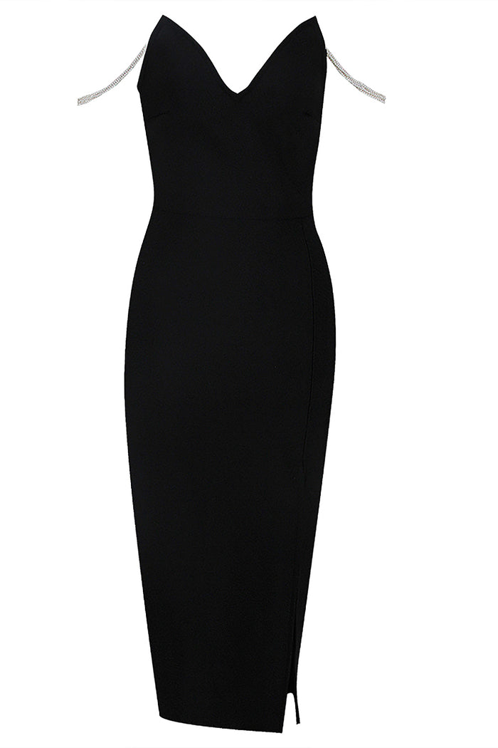 Black V Neck Beaded Spaghetti Straps Bandage Dress - Chicida