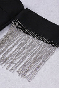 Black V Neck Chain Tassel High Slit Bandage Dress - Chicida