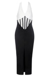 Black White Patchwork Halter V Neck Lace Bow Backless Slit Midi Dress