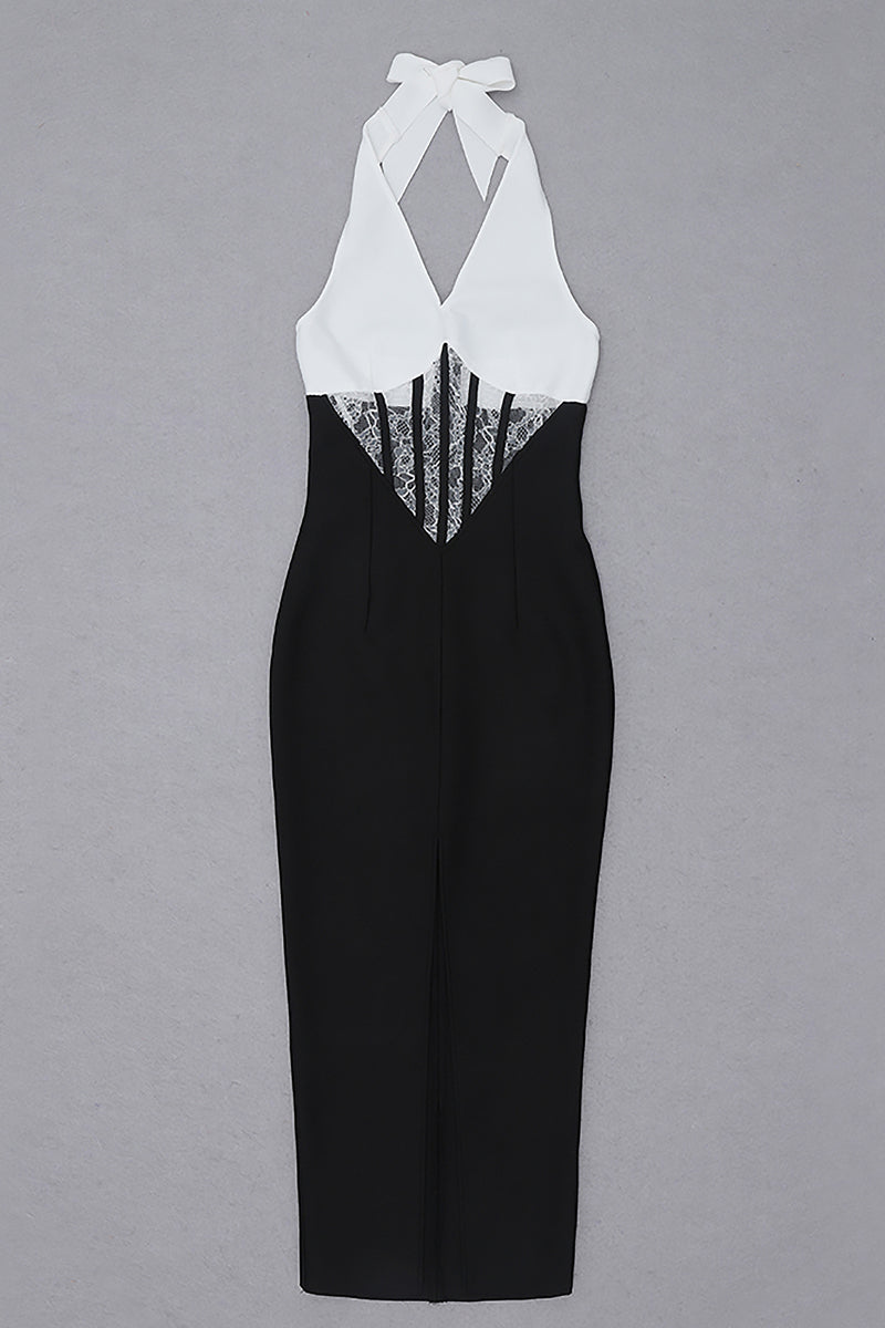 Black White Patchwork Halter V Neck Lace Bow Backless Slit Midi Dress