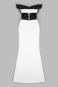 Vestido largo sin tirantes con lazo hueco y patchwork blanco y negro