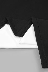 Robe longue slim sans bretelles avec nœud creux et patchwork noir et blanc