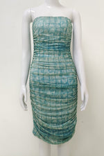 Blue Printed Strapless Bodycon Dress - Chicida