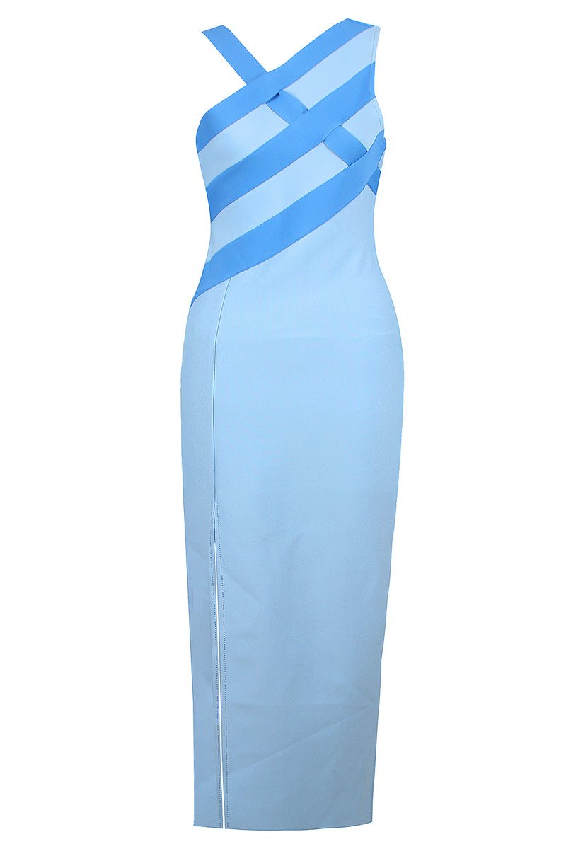 Blue Sloping Shoulder Sleeveless Midi Bandage Dress