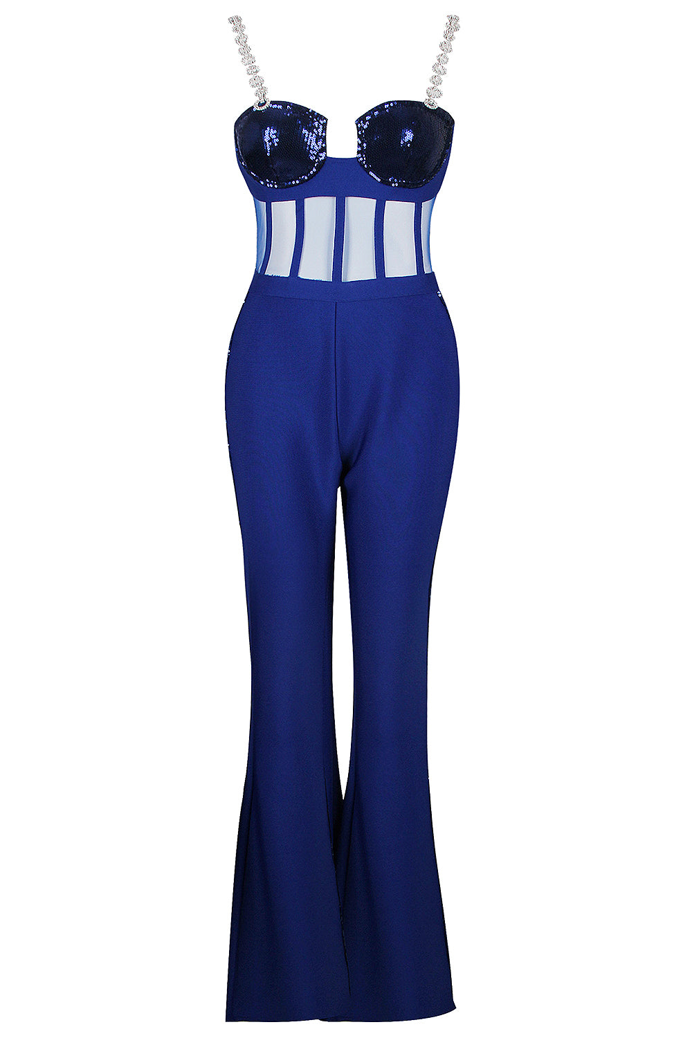 Strappy Sequin Hollow Bandage Flare Jumpsuit In Black Blue - Chicida