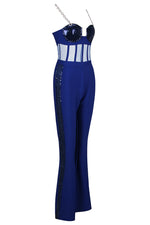 Strappy Sequin Hollow Bandage Flare Jumpsuit In Black Blue