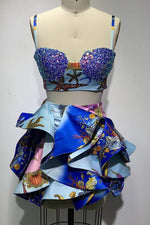 Blue Two Piece Set Flower Printing Mini Skirt Sequined Strappy Crop Top