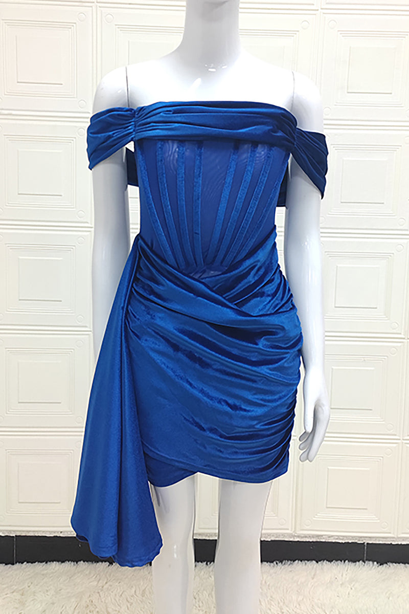Blue Draping Off Shoulder Dress - Chicida