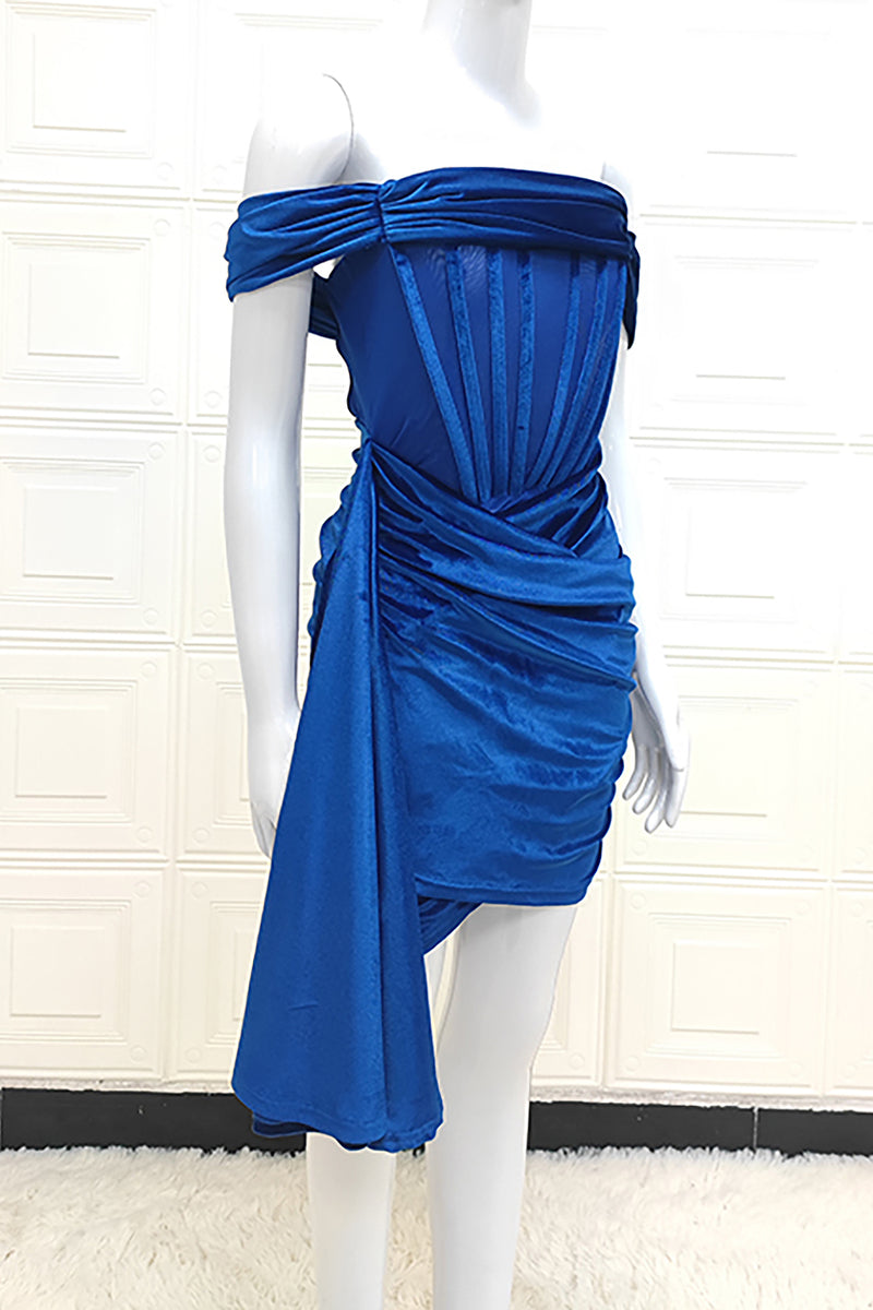 Blue Draping Off Shoulder Dress - Chicida