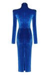 Blue Velvet Turtleneck Long Sleeve Cross knotted Mid-Calf Dress