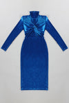 Blue Velvet Turtleneck Long Sleeve Cross knotted Mid-Calf Dress