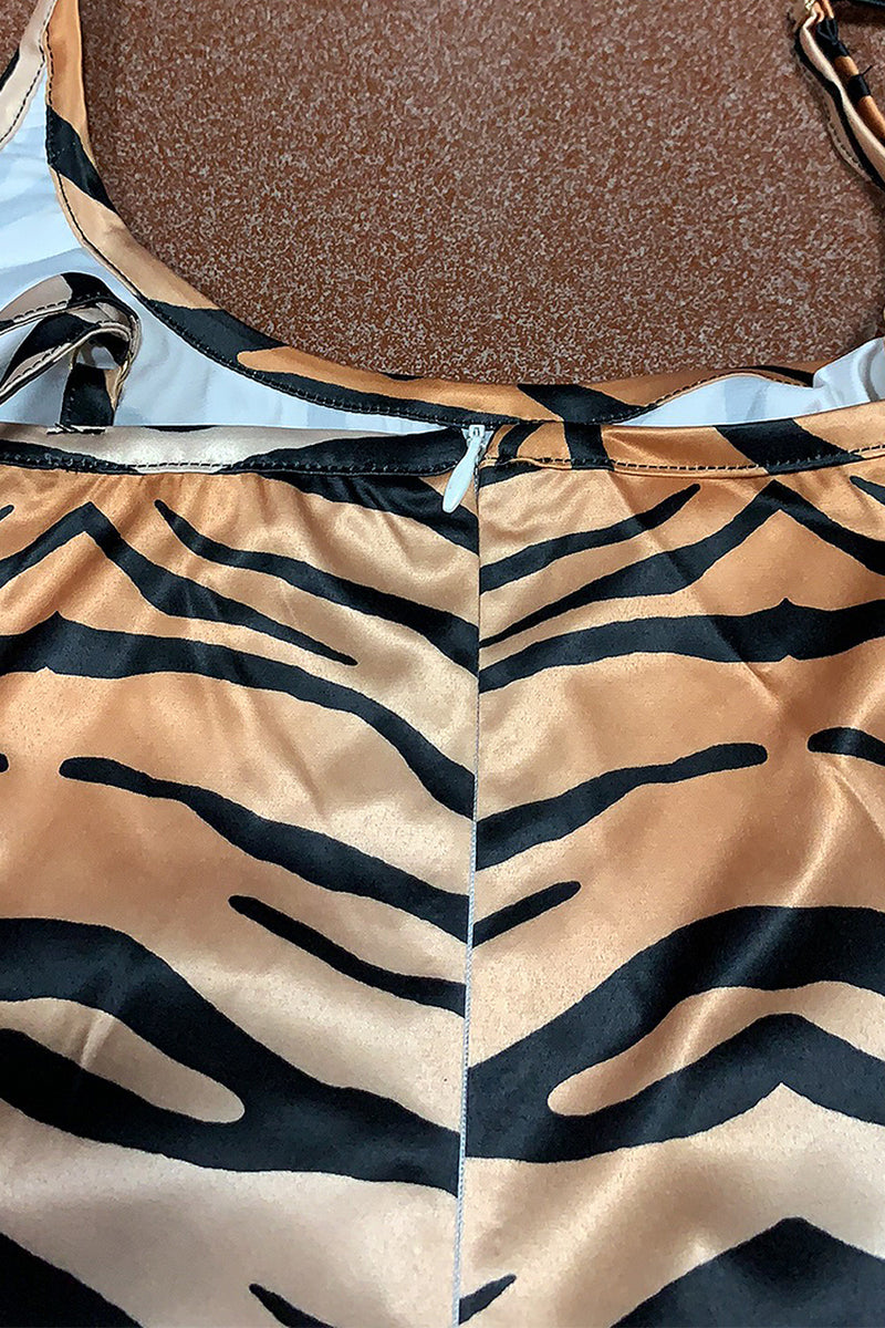 Woman Classic Tiger Print Shirts Holiday Hawaiian Beach Pleated Top Tiger Chain Tassel Print V-Neck