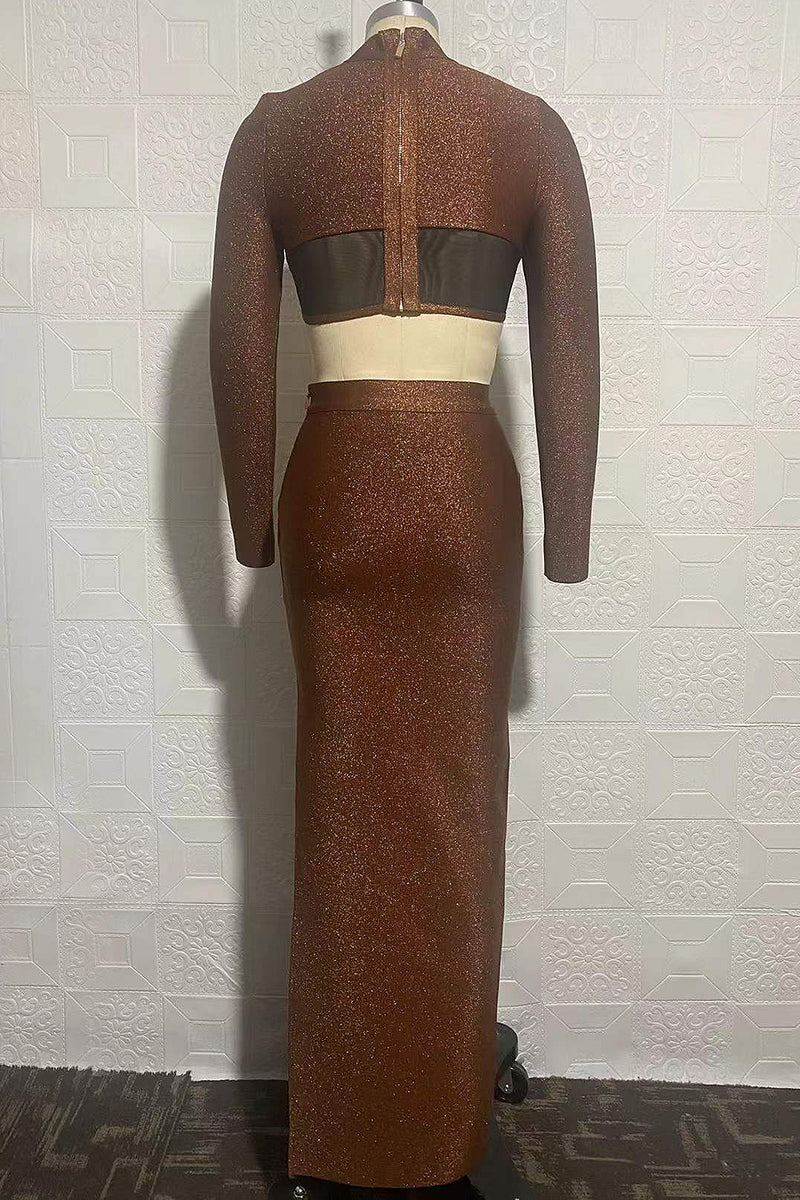 Bronze Bright Silk Two-Piece Set O-Neck Short Top And High Split Long Skirt