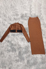 Bronze Bright Silk Two-Piece Set O-Neck Short Top And High Split Long Skirt