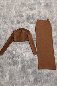 Bronze Bright Silk Two-Piece Set O-Neck Short Top And High Split Long Skirt - Chicida