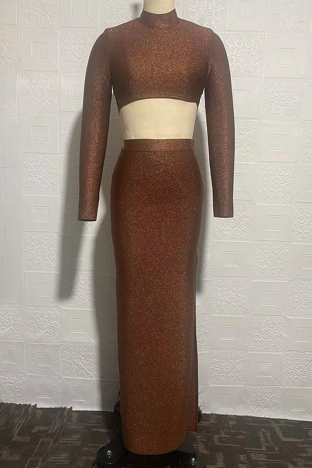 Bronze Bright Silk Two-Piece Set O-Neck Short Top And High Split Long Skirt - Chicida