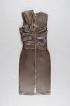 O Neck Sleeveless Draped Leatherette PU Dress In Brwon Beige