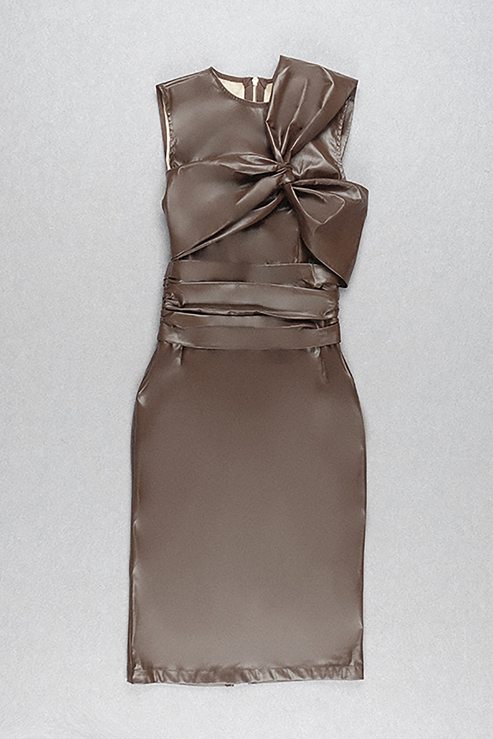 O Neck Sleeveless Draped Leatherette PU Dress In Brwon Beige - Chicida