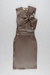 O Neck Sleeveless Draped Leatherette PU Dress In Brwon Beige
