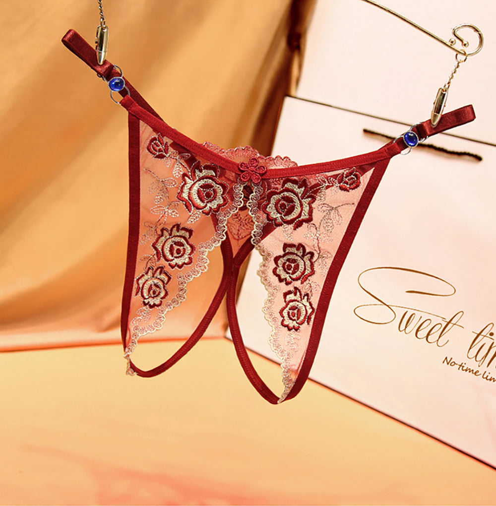 String creux ultra fin en maille florale pour femme avec entrejambe ouvert