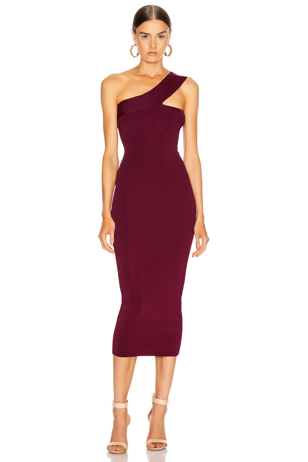 Burgundy One-Shoulder Midi Bandage Dress - Chicida