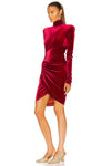 Burgundy Velvet High Neck Long Sleeve Draped Mini Dress