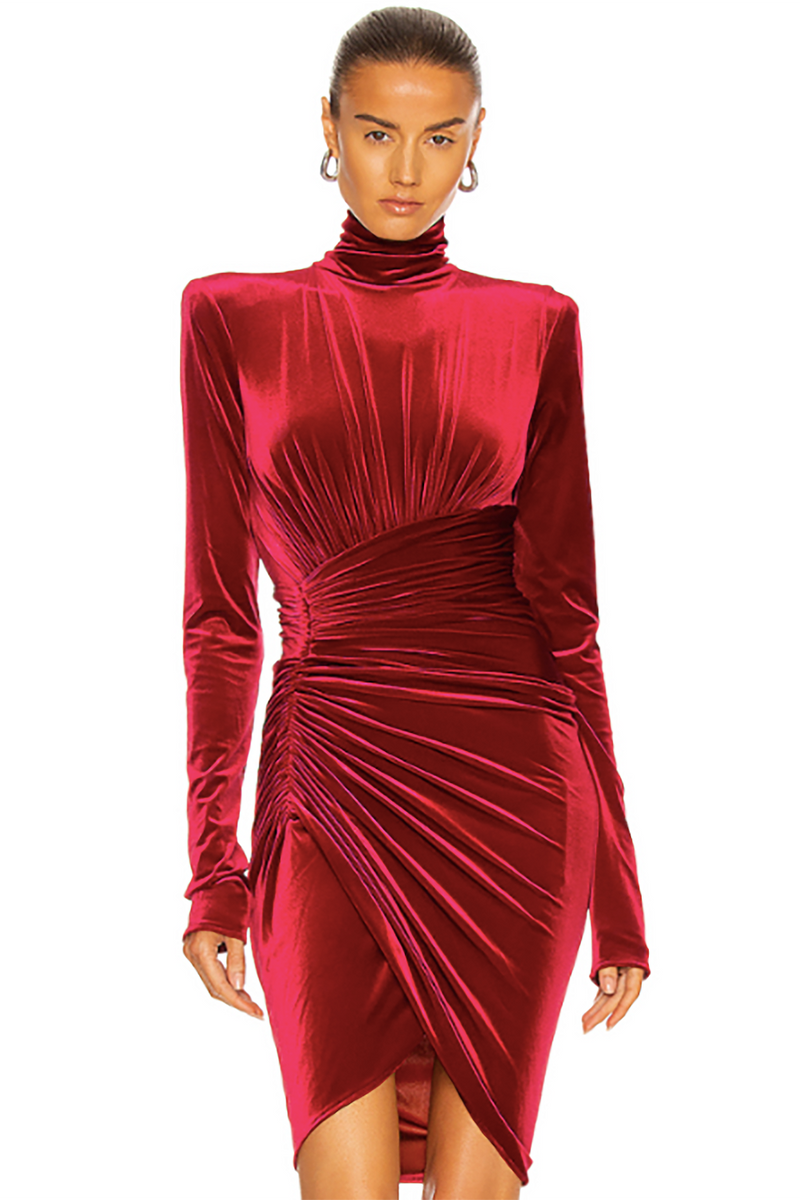 Burgundy Velvet High Neck Long Sleeve Draped Mini Dress - Chicida