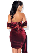 Burgundy Draping Off Shoulder Dress And With Gloves - Chicida