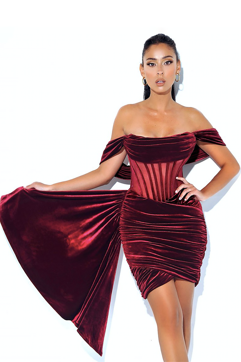 Burgundy Draping Off Shoulder Dress And With Gloves