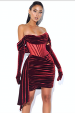 Burgundy Draping Off Shoulder Dress And With Gloves