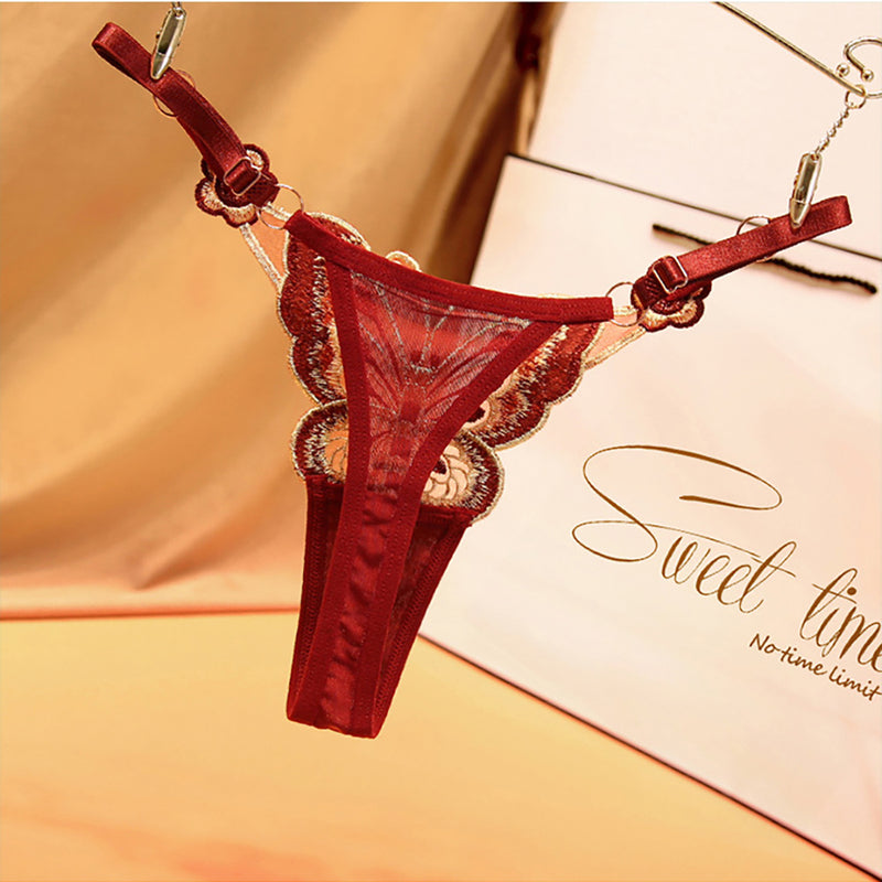 Red Embroidered Butterfly With Sequins and Crystals Crotchless G String  Panty One Size Fits Most 