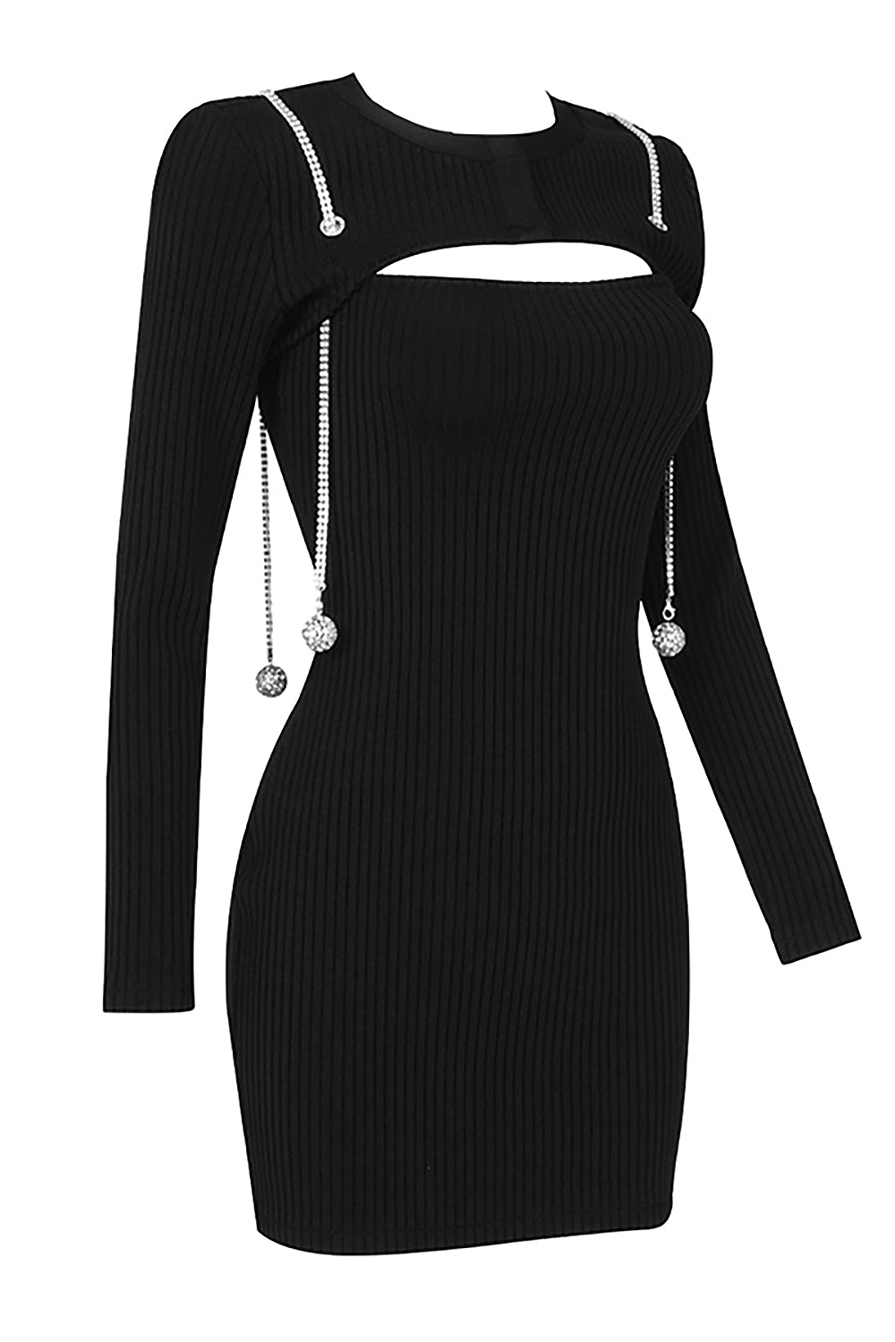 Black Diamond Chain Hollow Long Sleeves Mini Bandage Dress - Chicida