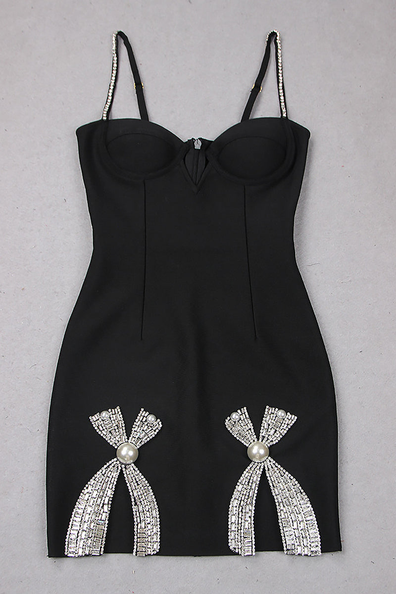 Crystal Deco Bow Slits Bandage Mini Dress In Black