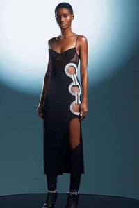 Crystal Embroidered Sides Circle Cutout Black Dress - Chicida