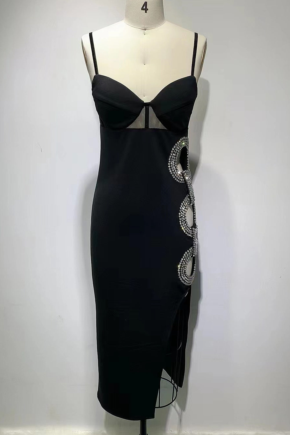 Crystal Embroidered Sides Circle Cutout Black Dress - Chicida