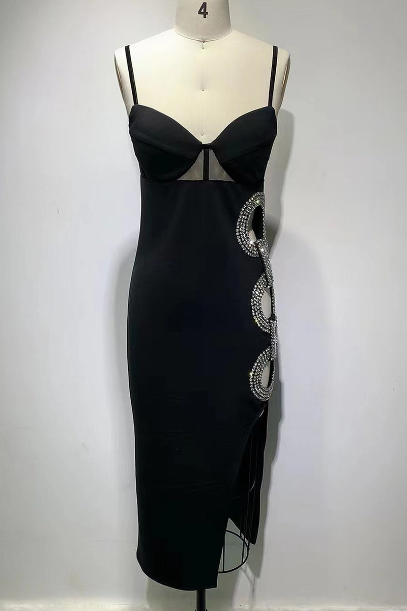 Crystal Embroidered Sides Circle Cutout Black Dress