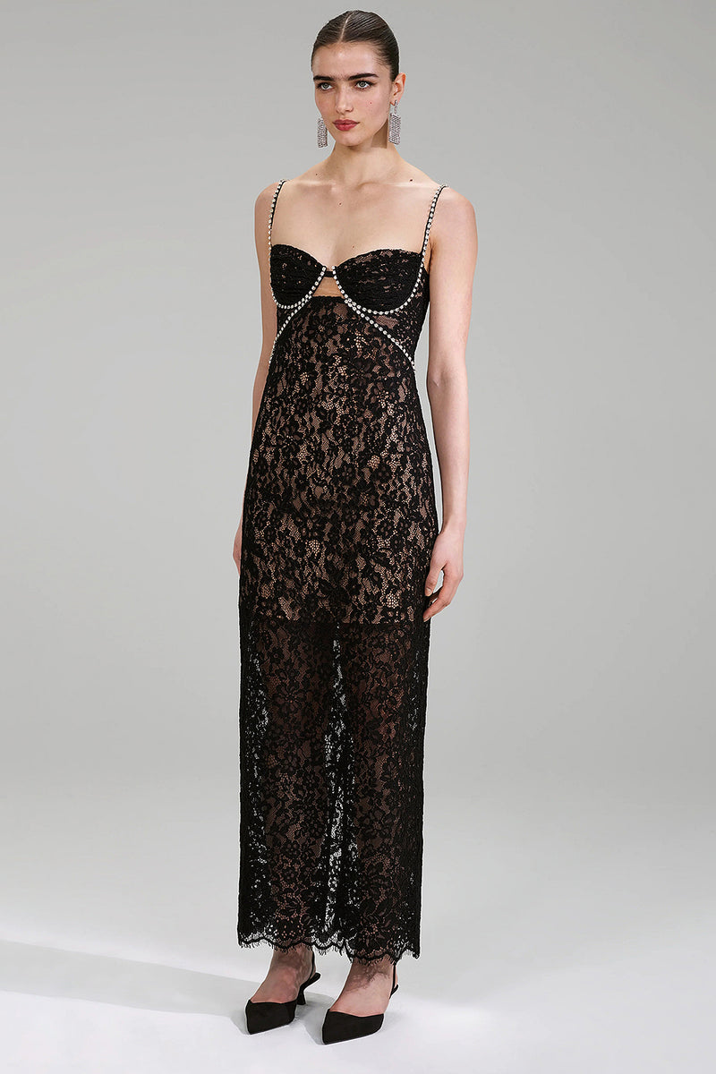 Crystal Strappy Fine Lace Maxi Dress