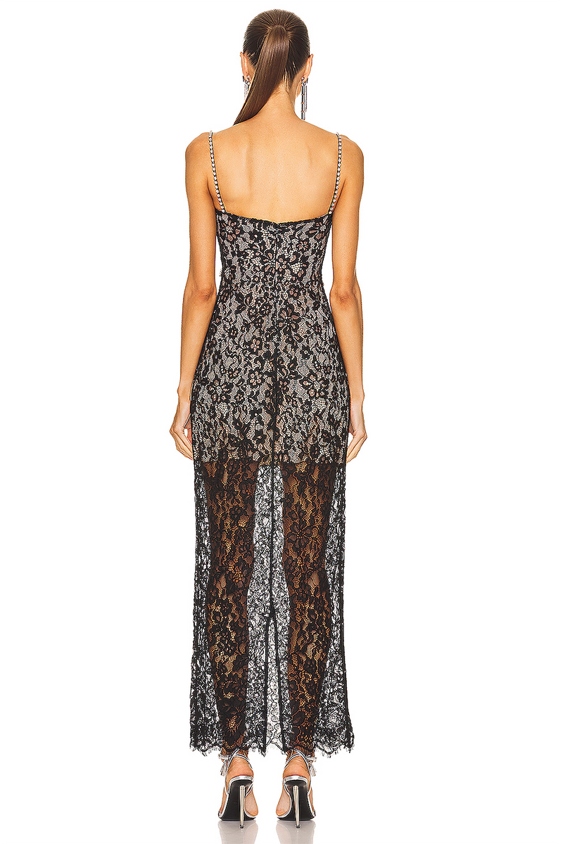 Crystal Strappy Fine Lace Maxi Dress