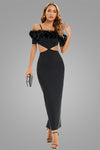 Cutout Feather Off-The-Shoulder Midi Dress In Black Red