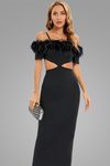 Cutout Feather Off-The-Shoulder Midi Dress In Black Red