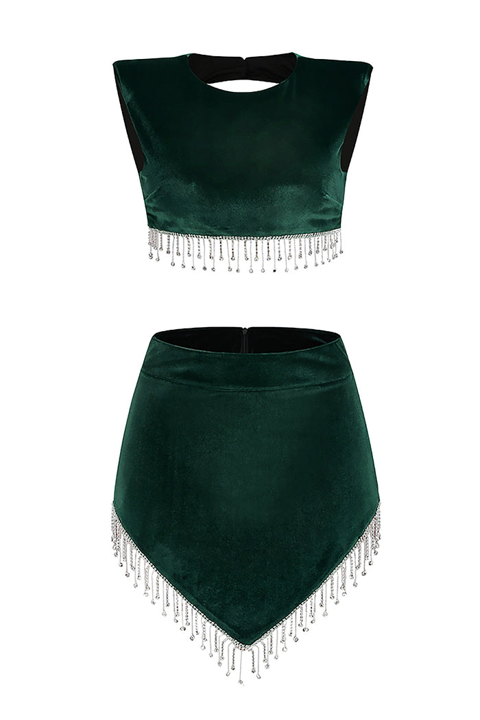 Tops y faldas de terciopelo con borlas de cristal en verde oscuro y negro