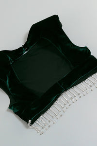 Ensemble deux pièces en velours à pompon en cristal vert foncé noir marron