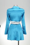 Deep V Long Sleves Top And Rope Mini Flute Skirt In Cyan Blue